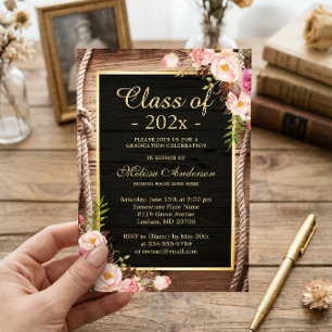 Rustic Wood Country Floral Style Graduation Invitation