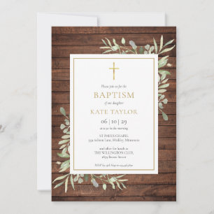 Rustic Wood Country Greenery Baptism Christening Invitation