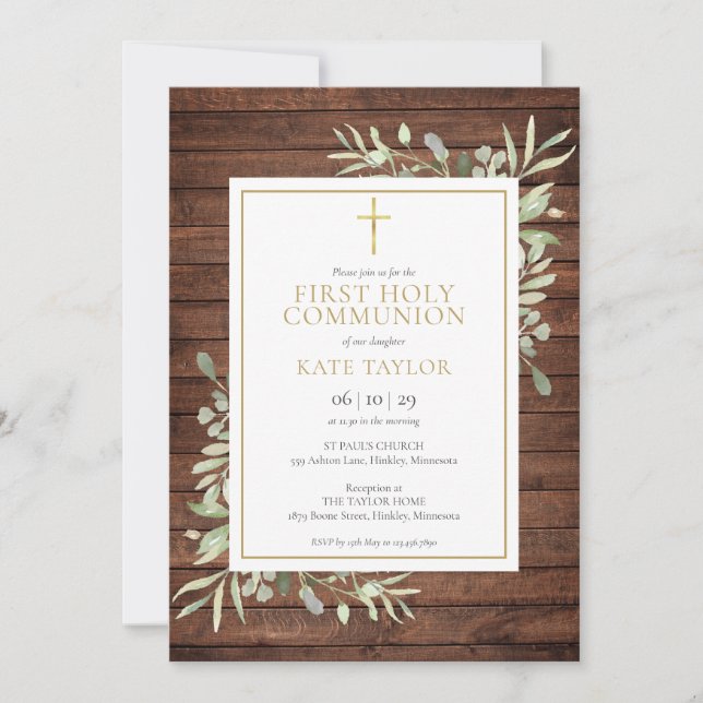Rustic Wood Country Greenery First Holy Communion Invitation (Front)