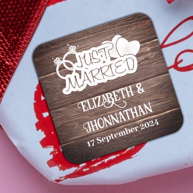 Rustic Wood Country Just Married Wedding Square Sticker (Creator Uploaded)