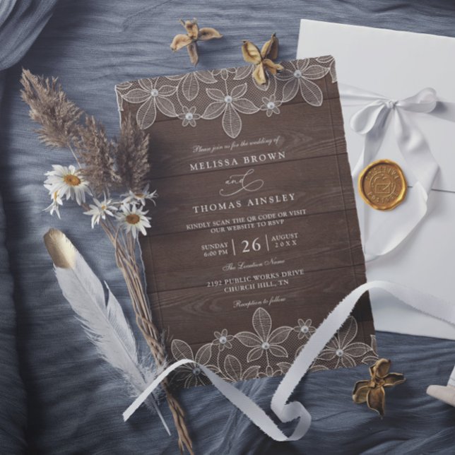 Rustic Wood Country Lace Elegant QR Code Wedding Invitation (Creator Uploaded)