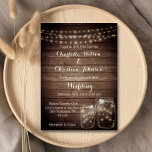Rustic Wood Country Mason Jar Lights Wedding Invitation<br><div class="desc">Having that outdoor rustic / country wedding theme?  Beautiful wedding invitation cards with twinkle lights and two mason jars with faux diamond hearts. Wood panel barn background.  Font,  size and color of text can be changed. Back of card has both bride and groom's names.  Contact designer for help.</div>