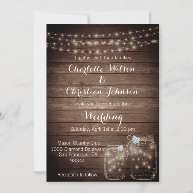 Rustic Wood Country Mason Jar Lights Wedding PHOTO Invitation (Front)