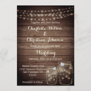 Rustic Wood Country Mason Jar Lights Wedding PHOTO Invitation