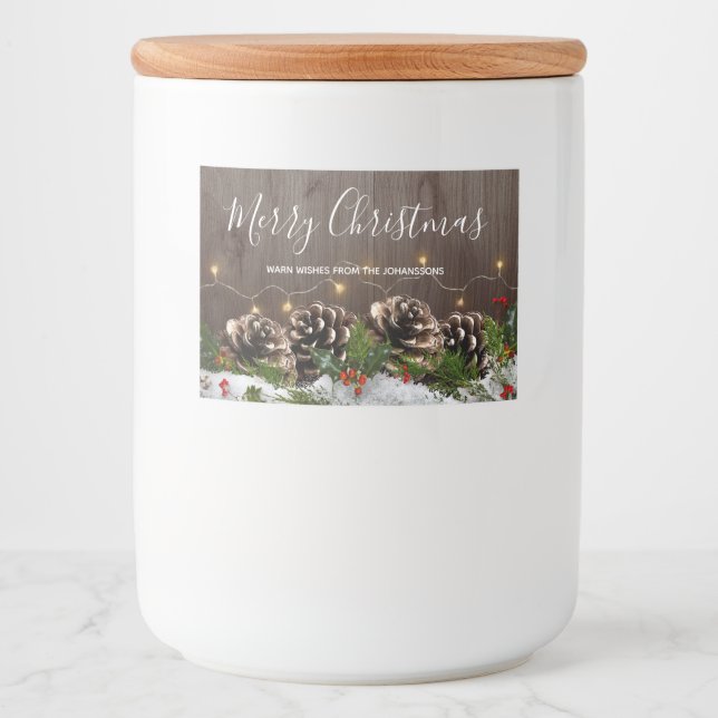 Rustic Wood Country Pines Lights & Snow Christmas Food Label (Front)