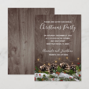 Rustic Wood Country Pines Lights Snow Christmas Invitation
