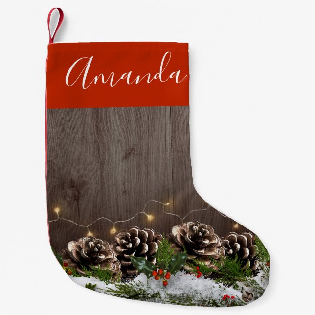 Rustic Wood Country Pines Lights & Snow Christmas Small Christmas Stocking (Front)