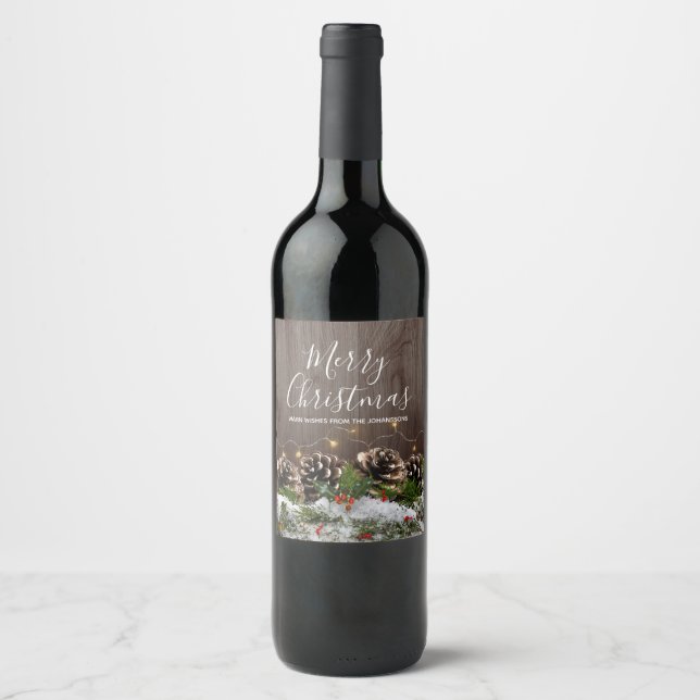 Rustic Wood Country Pines Lights & Snow Christmas Wine Label (Front)