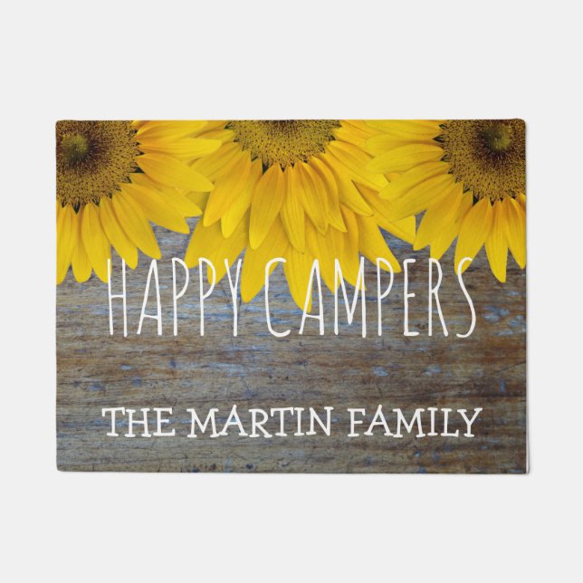 Rustic Wood Country Sunflowers Happy Campers Name Doormat (Front)