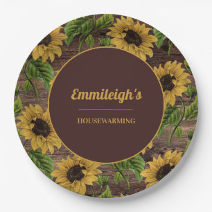 Rustic Wood Country Sunflowers Housewarming Paper Plate