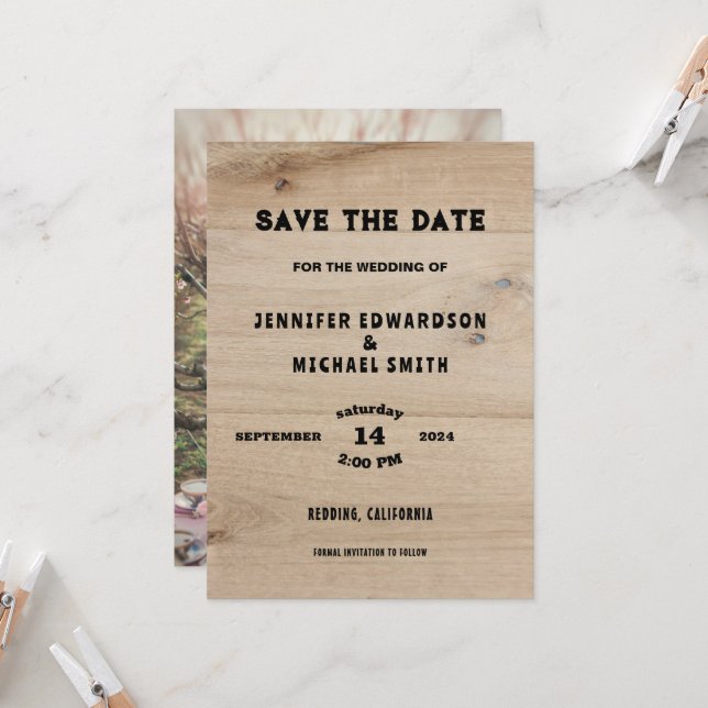 Rustic wood country wedding photo Save the date Invitation (Front/Back In Situ)
