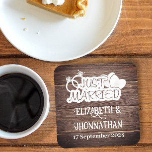 Rustic Wood Country Wedding White Just Married  Square Paper Coaster