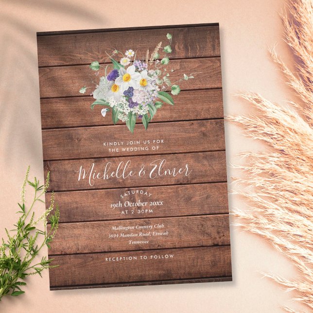 Rustic Wood Country Wildflowers Floral Wedding Invitation (Creator Uploaded)