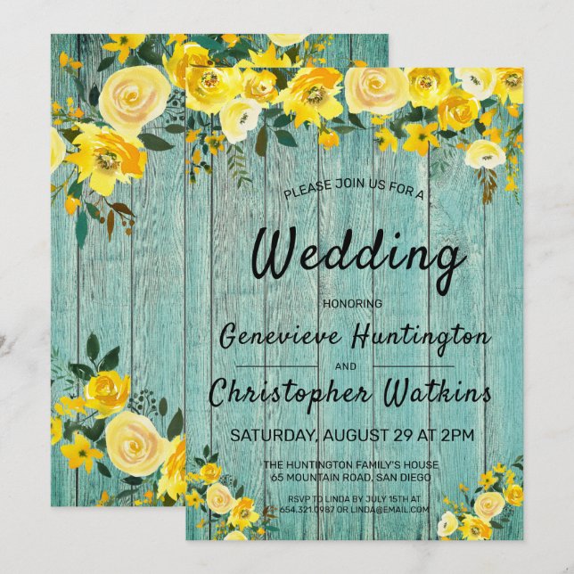 Rustic Wood Country Yellow Floral Outdoor Wedding Invitation (Front/Back)