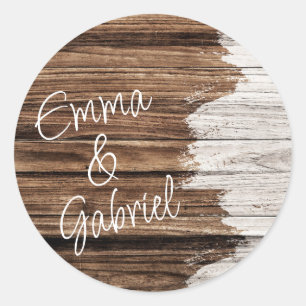 Rustic Wood Couple Name  Classic Round Sticker