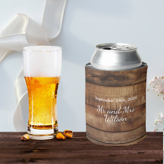 Rustic Wood Couples Photo Country Wedding Can Cooler