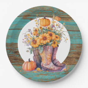 Rustic Wood Cowboy Boots Pumpkins Fall Paper Plate