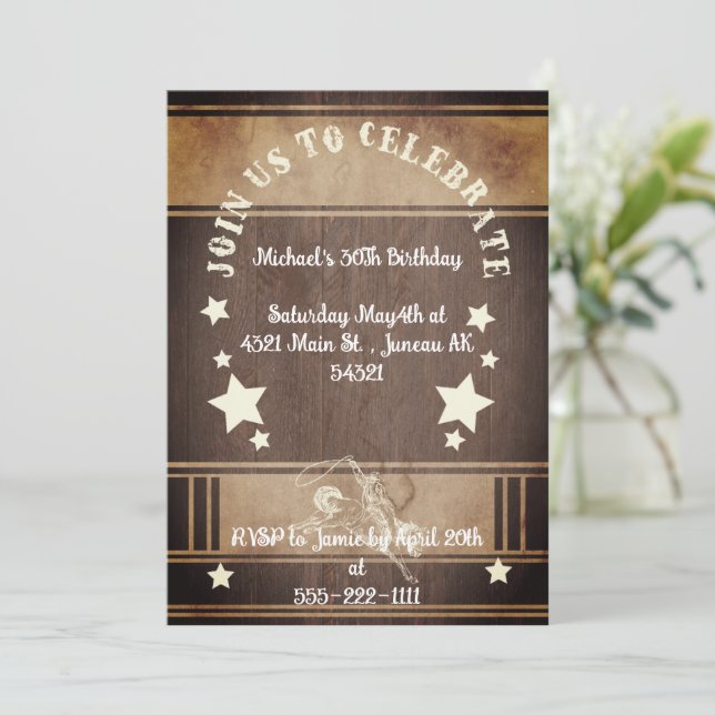 Rustic  wood cowboy themed 30th Birthday Invitation (Standing Front)