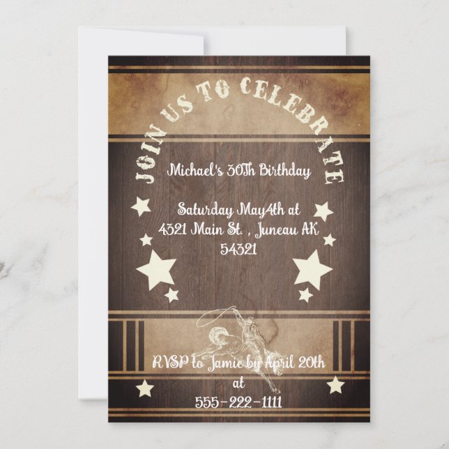Rustic  wood cowboy themed 30th Birthday Invitation (Front)