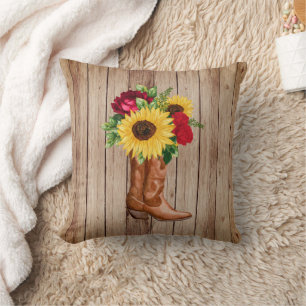 Rustic Wood Cowgirl Boots Sunflowers Red Roses Cushion