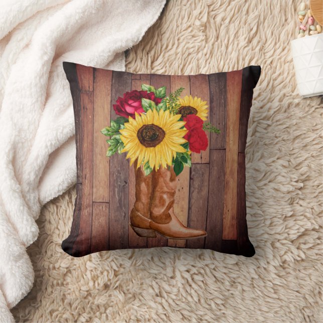 Rustic Wood Cowgirl Boots Sunflowers Roses  Cushion (Blanket)