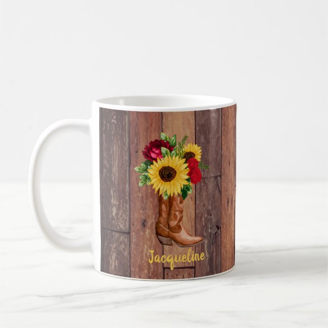 Rustic Wood Cowgirl Boots Sunflowers Roses Custom  Coffee Mug (Left)