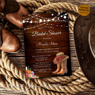Rustic Wood Cowgirl Boots Western Bridal Shower Invitation