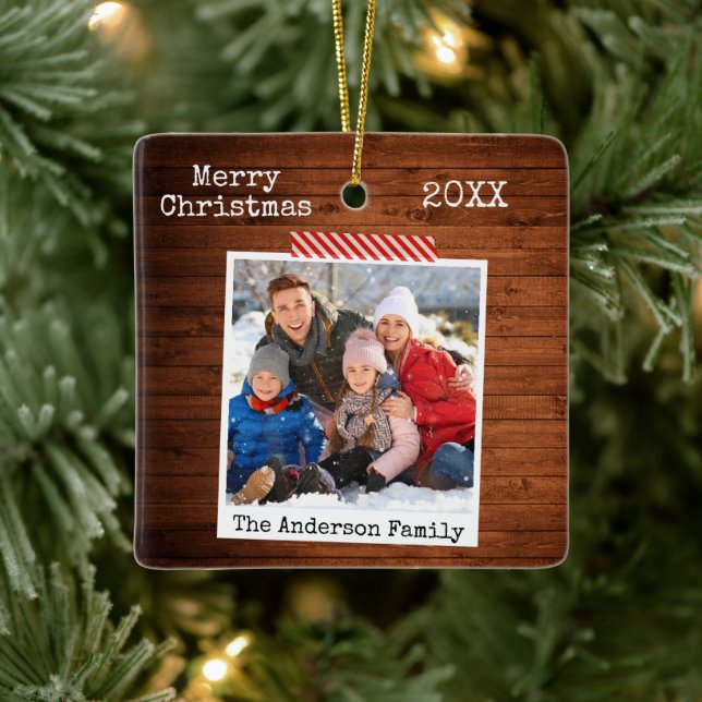 Rustic Wood Craft Tape Instant Photo Style Ceramic Ornament (Tree)