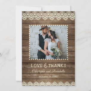 Rustic Wood Cream Lace Wedding Photo Thank You Card