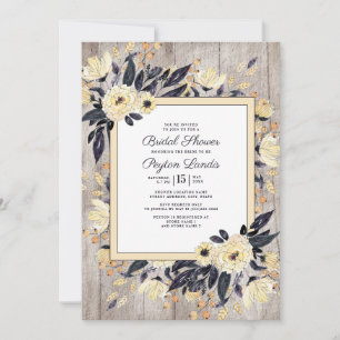 Rustic Wood Cream Navy Blue Floral Bridal Shower Invitation