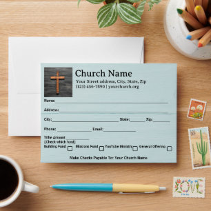 Rustic Wood Cross Blue Church Tithe Offering Envelope