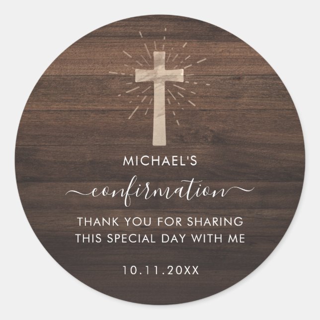 Rustic Wood Cross Confirmation Custom Classic Round Sticker (Front)