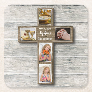 Rustic Wood Cross First Communion Photo - Coaster