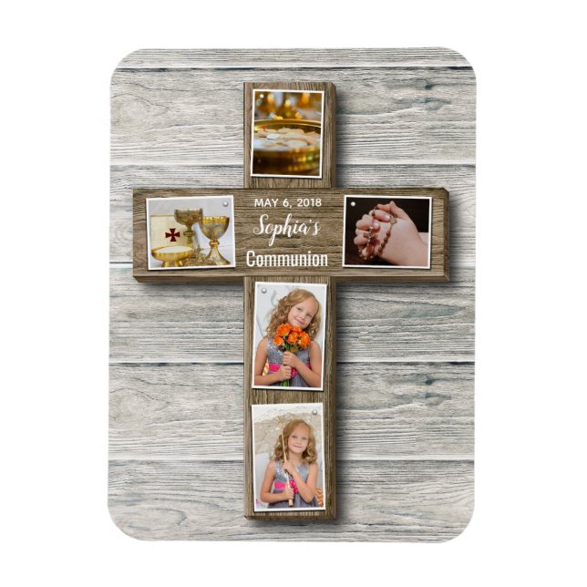 Rustic Wood Cross First Communion Photo - Magnet (Vertical)