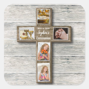 Rustic Wood Cross First Communion Photo - Sticker