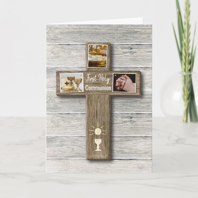 Rustic Wood Cross First Holy Communion Greeting Card (Front)