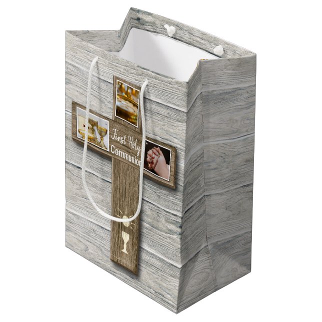 Rustic Wood Cross First Holy Communion Medium Gift Bag (Front Angled)