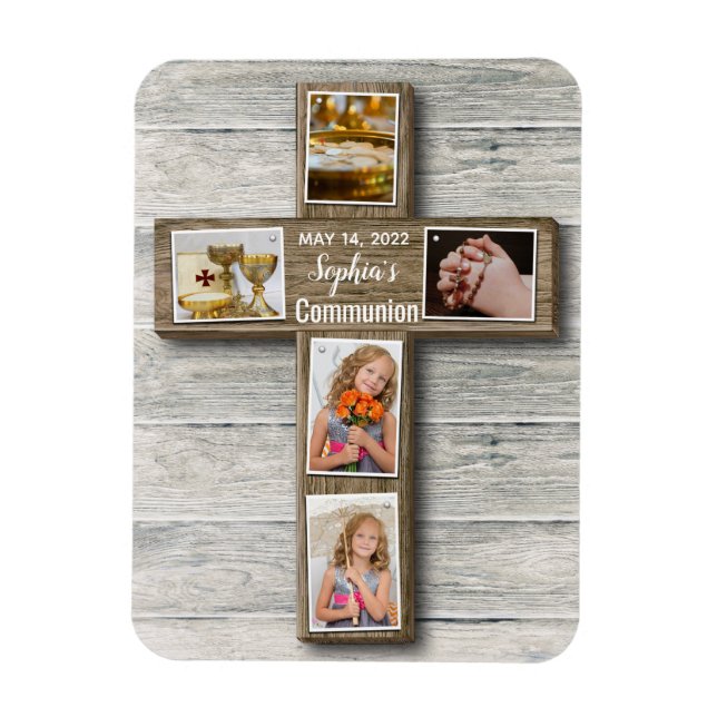 Rustic Wood Cross First Holy Communion Photo Magnet (Vertical)
