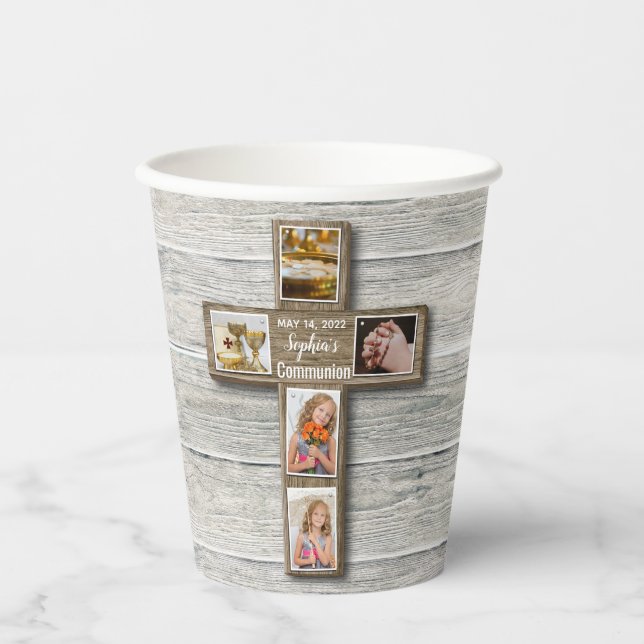 Rustic Wood Cross First Holy Communion Photo Paper Cups (Front)