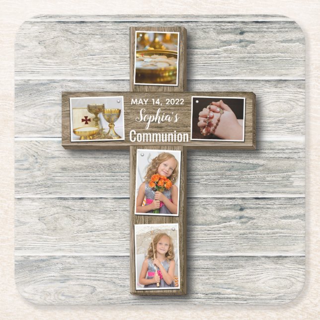 Rustic Wood Cross First Holy Communion Photo Square Paper Coaster (Front)