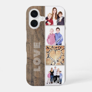 Rustic Wood Custom 4 Photo Collage Personalised iPhone 16 Case