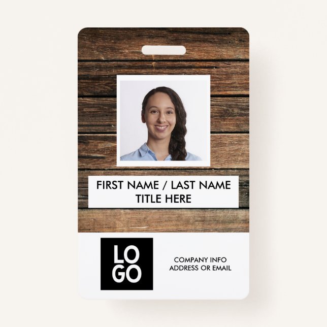 Rustic Wood Custom Employee Photo Name ID Badge (Front)
