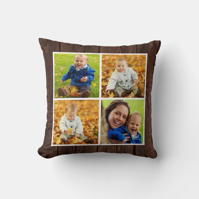 Rustic Wood Custom Fall Family Photo Collage Cushion (Front)