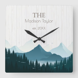 Rustic Wood Custom Family Name Square Wall Clock