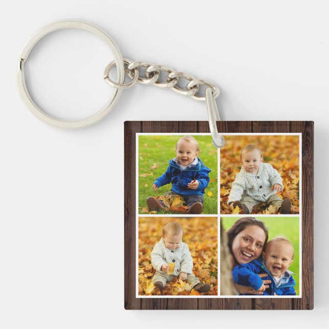 Rustic Wood Custom Monogram Family Photo Collage Key Ring (Front)