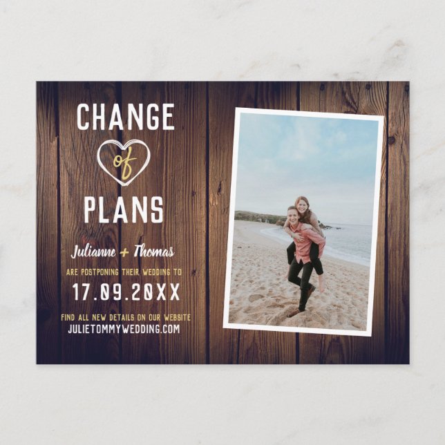 Rustic Wood Custom Photo Elegant Change of Plans Announcement Postcard (Front)
