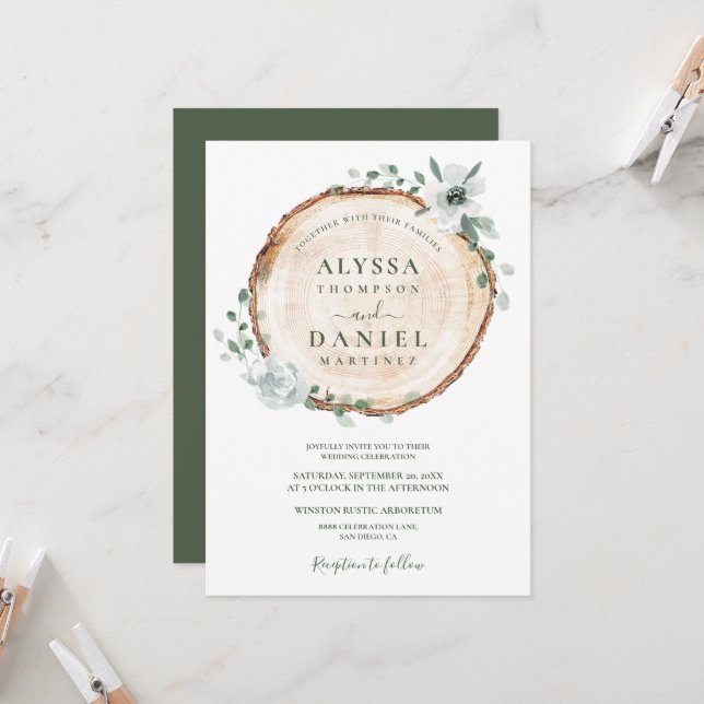 Rustic Wood Cut Sage Watercolor floral Wedding Invitation (Front/Back In Situ)