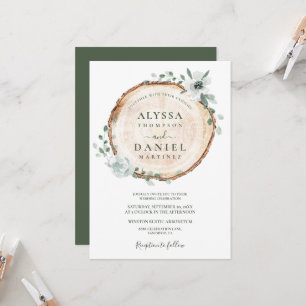 Rustic Wood Cut Sage Watercolor floral Wedding Invitation