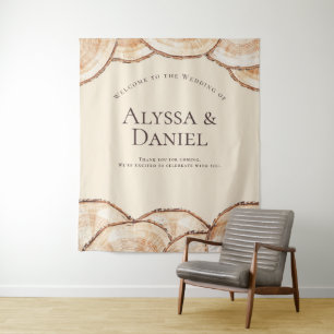 Rustic wood cut slice Custom Names Wedding Tapestry