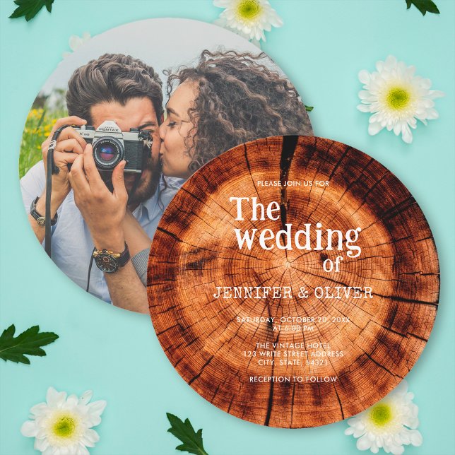 Rustic Wood Cut Slice Engagement Photo Wedding Invitation (Front/Back)